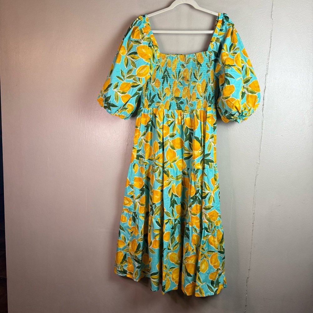 Avara Feeling Zesty Aqua Lemon Print Midi Dress Sz 2X - Picture 2 of 9